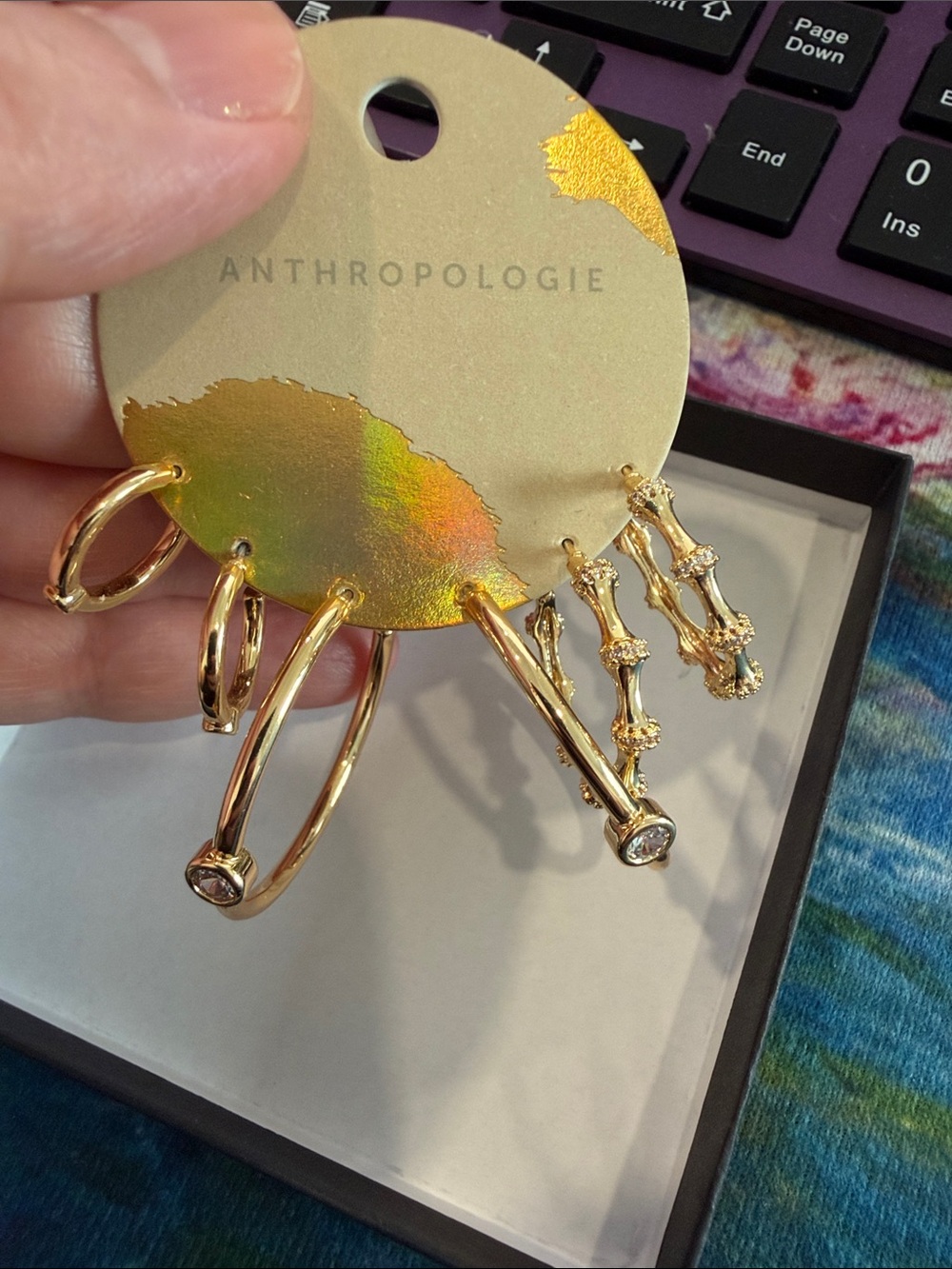 NWT ANTHROPOLOGIE set of 3 hoop earrings gold with cubic zirconia new